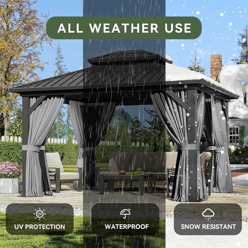 Aoxun 12'x10' Hardtop Gazebo with Light, Aluminum Frame Permanent Pavilion with Curtains and Netting, Outdoor Galvanized Double Roof Canopy, Designed for Garden, Lawns, Patio