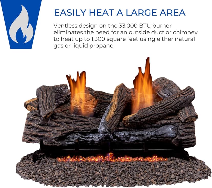 Duluth Forge DLS-24T-2 Dual Fuel Ventless Fireplace Logs Set with Thermostat, Use with Natural Gas or Liquid Propane, 33000 BTU, Heats up to 1100 Sq. Ft, Stacked Red Oak, 24 Inches