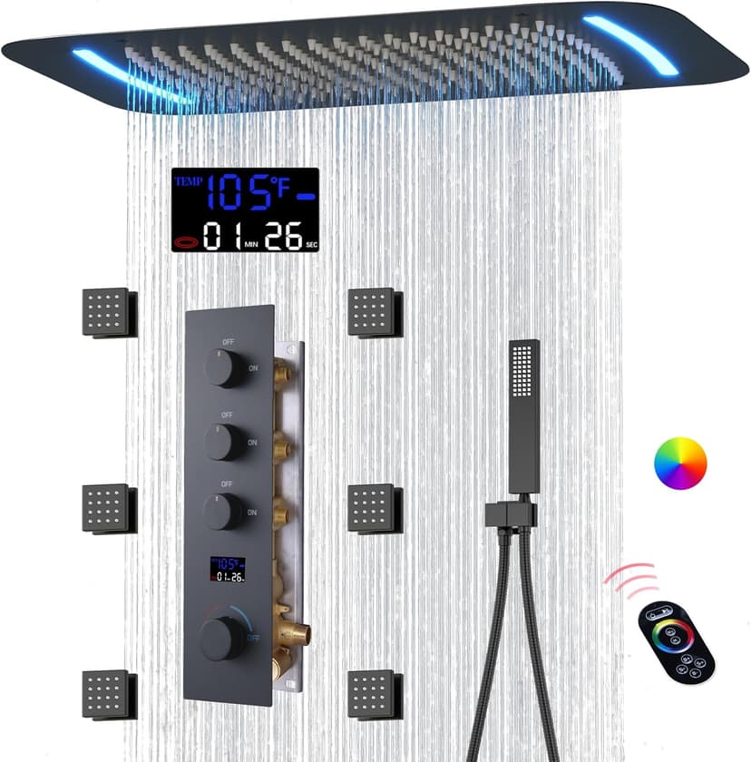 Matte Black Thermostatic Shower System Digital Display Full Body Shower System with 16 x 26 Inch Ceiling Rain LED Shower Head, Handheld Shower and 6 PCS Body Jets