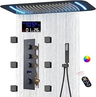 Matte Black Thermostatic Shower System Digital Display Full Body Shower System with 16 x 26 Inch Ceiling Rain LED Shower Head, Handheld Shower and 6 PCS Body Jets