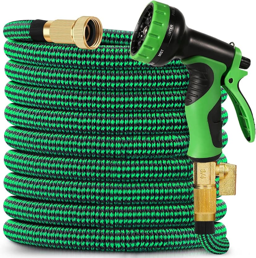 100 ft Expandable Garden Hose - 2025 New No Kink Flexible Water Hose 100ft with 10 Pattern Spray Nozzle, 3/4 Solid Brass Connectors, Retractable Latex Core - Lightweight Expanding Hose