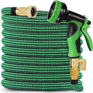 100 ft Expandable Garden Hose - 2025 New No Kink Flexible Water Hose 100ft with 10 Pattern Spray Nozzle, 3/4 Solid Brass Connectors, Retractable Latex Core - Lightweight Expanding Hose