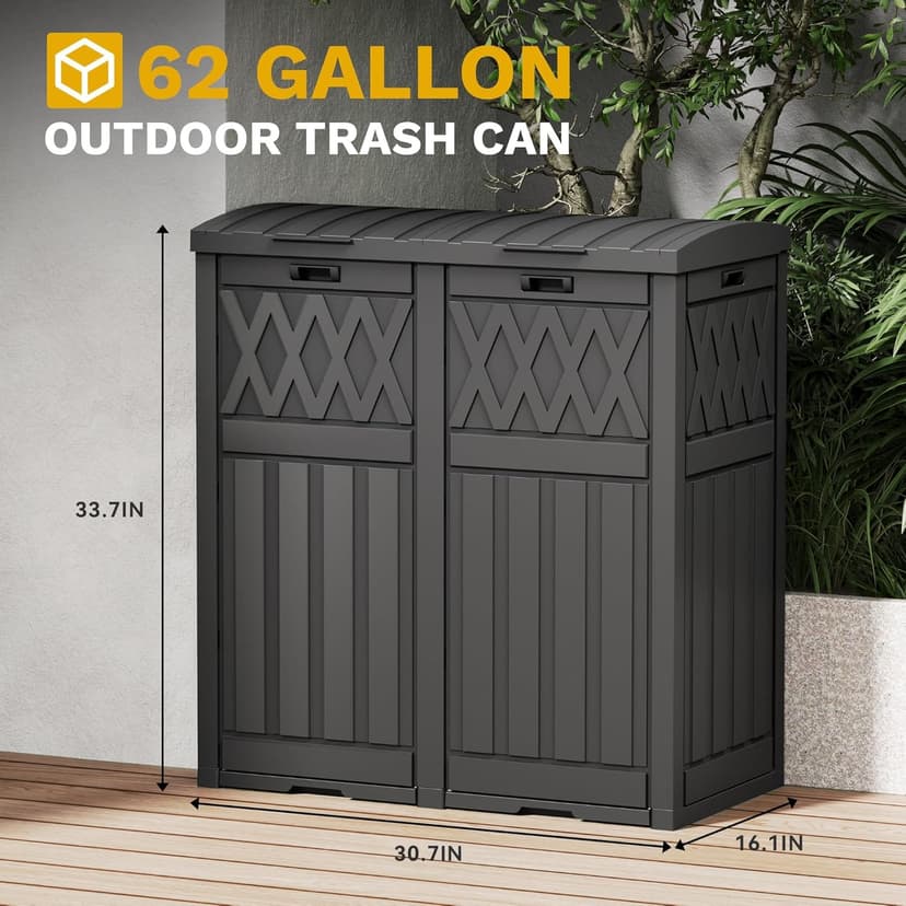 DWVO 66 Gallon Double-Bin Outdoor Trash Can, Waterproof Resin Garbage Can with Tiered Lid and Drip Tray for Patio, Kitchen, Deck, and Backyard - Black