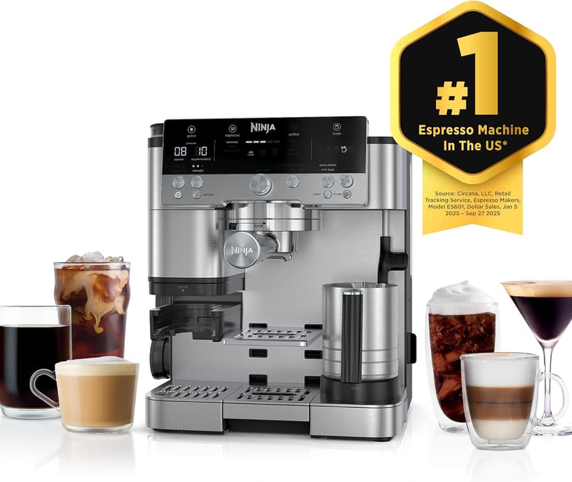 Ninja Espresso Machine and Drip Coffee Maker| Luxe Café Premier Series | Integrated Coffee Grinder, Milk Frother, Assisted Tamper & Built-In Espresso Accessory Storage | Stainless Steel | ES601