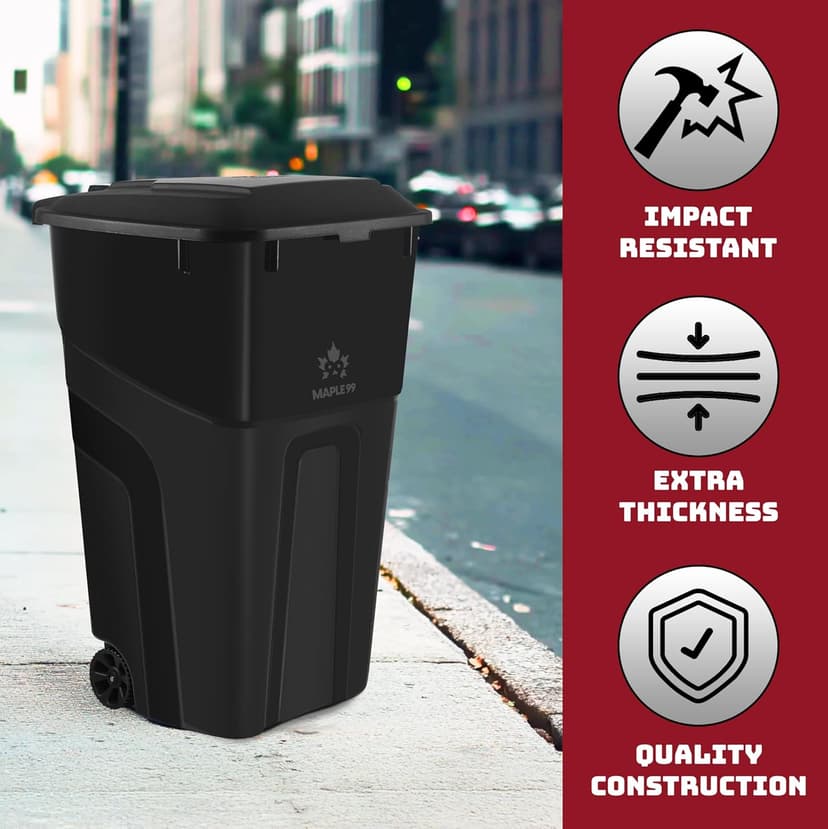 Trash Can With Lid - Ultimate Strength 32 Gallon Wheeled Garbage Can Trash Container - Professional Grade Outdoor Waste Bin with Secure Snap Lid and Ergonomic Handles, Outdoor Recycling Bins, 2 Pack