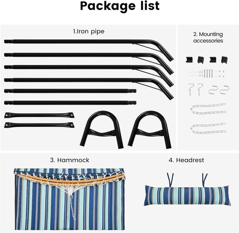 Yaheetech Hammock with Stand Set, Heavy-Duty Steel Hammock Stand for 2-3 People Outdoor, Porch, Patio, Deck and Backyard, Max Weight Capacity 475LB - Blue Stripe