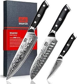 SHAN ZU Damascus Knife Set, Japanese Super Steel 3 PCS Damascus High Carbon Professional Ultra-Sharp Kitchen Chef Knife Set with G10 Handle Gift Box