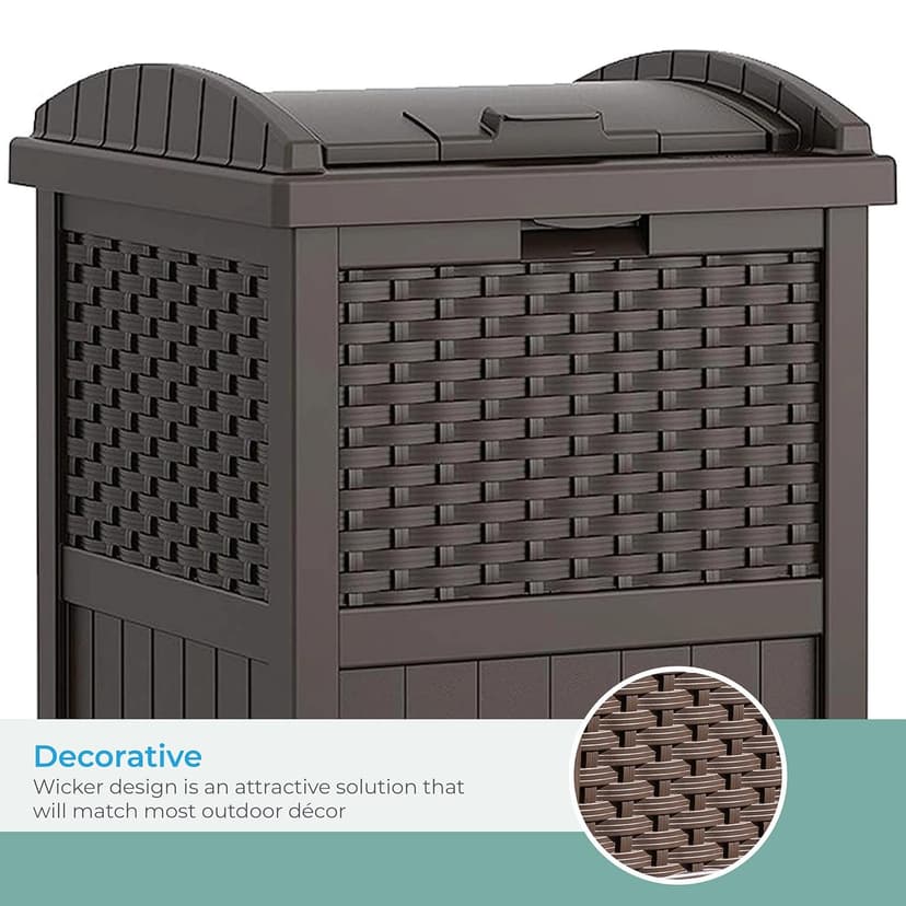 Suncast 33 Gallon Commercial Outdoor Trashcan Hideaway with Lid for 30 to 33 Gallon Trash Bags for Garage, Backyard, or Garden, Brown