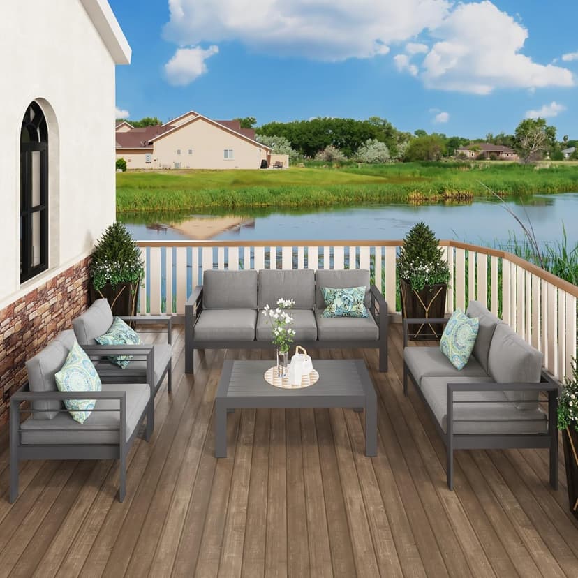 Solaste Aluminum Patio Furniture Set,7 Seats Modern Outdoor Conversation Set Sectional Sofa with Upgrade Cushion and Coffee Table,Grey