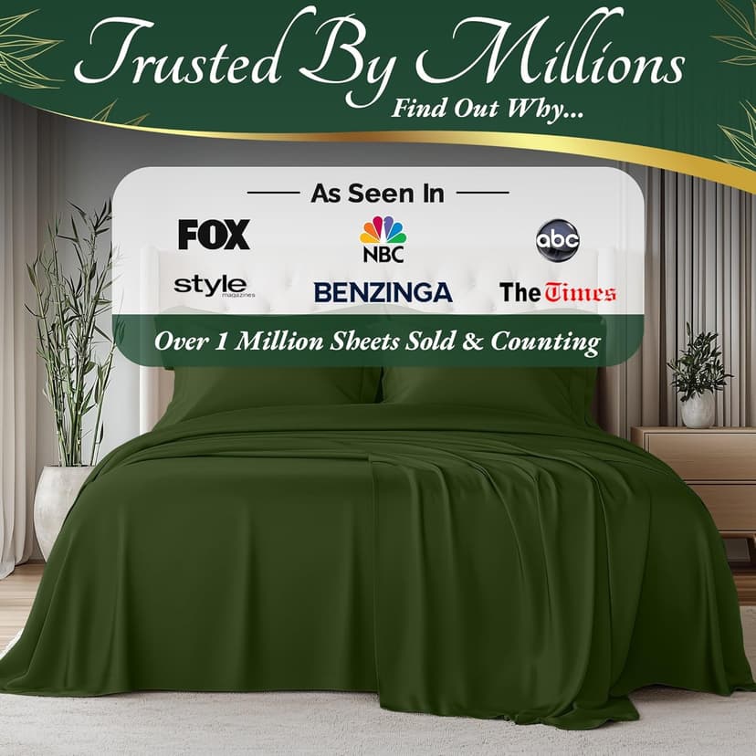 DECOLURE 100% Organic Viscose Derived from Bamboo Sheets Queen Size 6pcs - Ultra Soft & Luxuriously Cooling, 17" Deep Pocket, Double Stitching, Perfect for Hot Sleepers - Queen Bed Sheets (Olive)