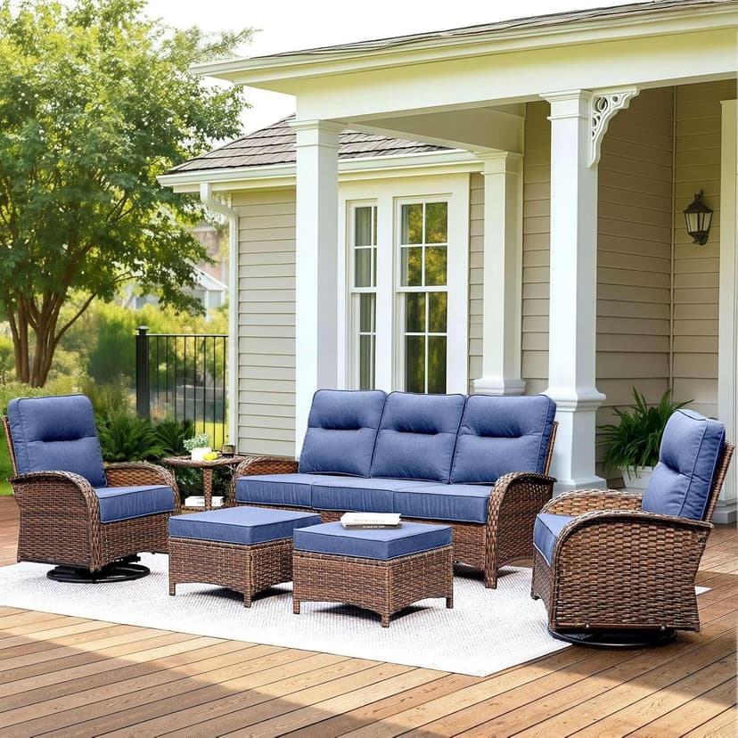 Patio Furniture Set with 6-Inch Thick Cushions, High Back Outdoor Swivel Rocker Chairs, Patio Couch and Ottomans, 6-Piece Easy Assembly Conversation Set for Porch Deck Pool Yard in Blue