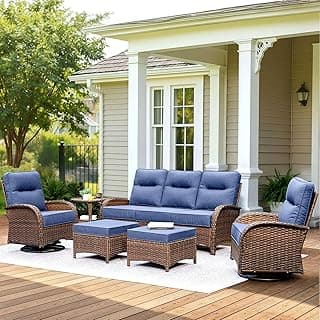 Patio Furniture Set with 6-Inch Thick Cushions, High Back Outdoor Swivel Rocker Chairs, Patio Couch and Ottomans, 6-Piece Easy Assembly Conversation Set for Porch Deck Pool Yard in Blue