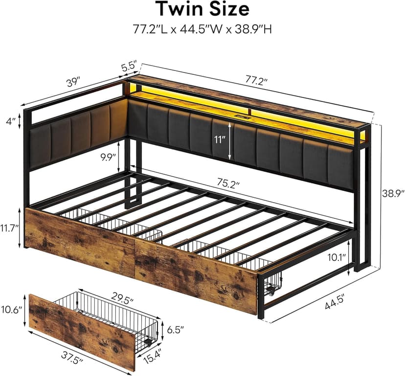 LIKIMIO Corner Bed Frame Twin Daybed with Storage Drawers, Metal Platform Bed Frame with LED Light, Charging Station & Fabric Upholstered Fence, Black