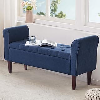 HUIMO 50.4" Arm Storage Bench with 7.5-inch Solid Wood Legs, Button-Tufted Storage Ottoman, Upholstered Window Sitting Bench for Bedroom,End of Bed Bench Indoor, Living Room, Entryway (Blue)