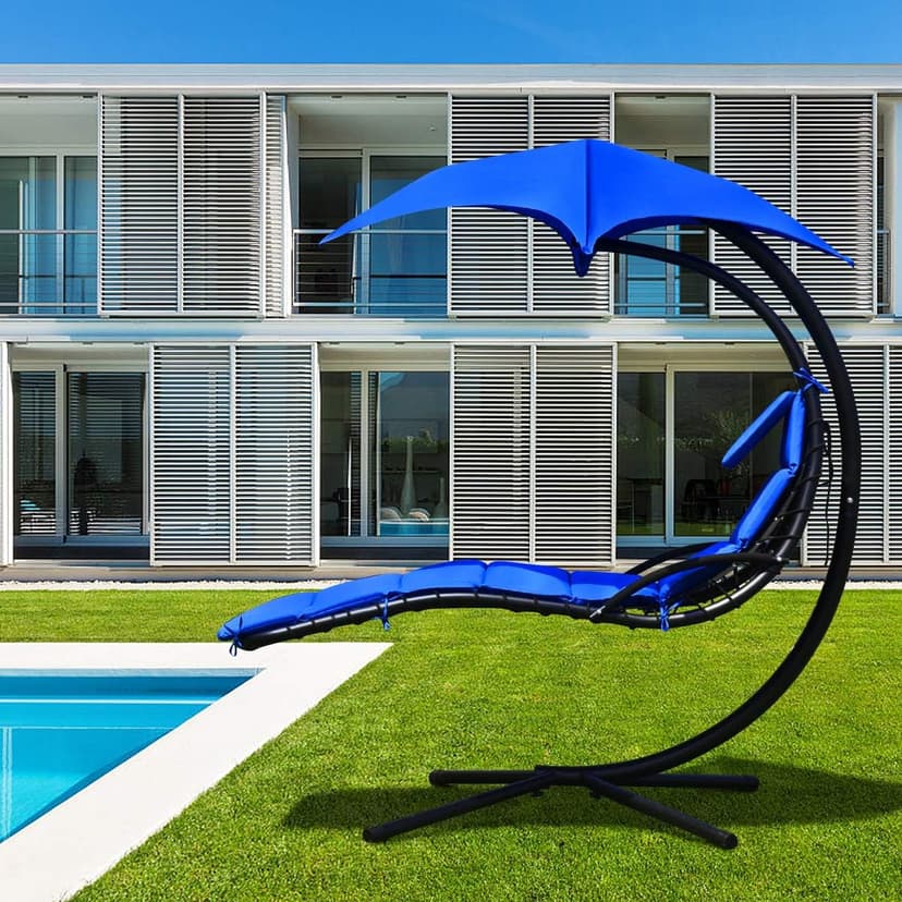 Giantex Hanging Chaise Lounger Chair, Arc Stand Porch Swing Chair w/Canopy, Cushion Built-in Pillow, Outdoor Freestanding Swing Hammock Chair for Patio Poolside Backyard Garden (Navy)