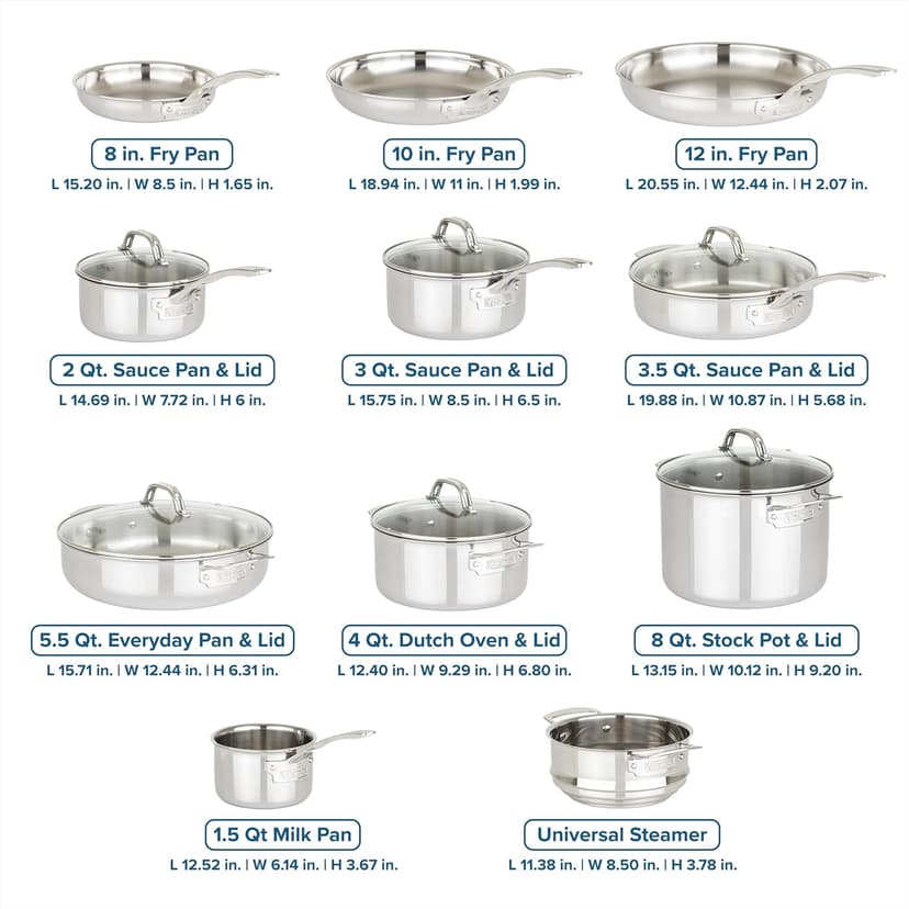 Viking 3-Ply Pots and Pans Set, 17 Piece Stainless Steel Cookware Glass Lids, Steamer Insert, Silver