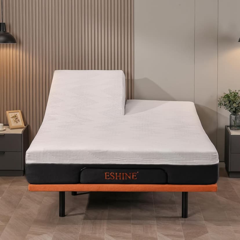 ESHINE Split Queen Adjustable Bed Frame with Mattress - 14" Gel Memory Foam Mattress, USB Ports, Underbed Night Light, Head and Foot Incline, Top Split Queen, Orange