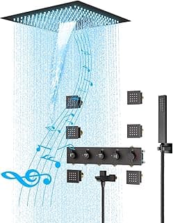 Smart Shower System with Body Jets, Black Shower Head and Handle Set,16" Ceiling Mount Rainfall Waterfall Shower Jets System with Tub Spout,Thermostatic Shower System Bathroom with Music and Led Light