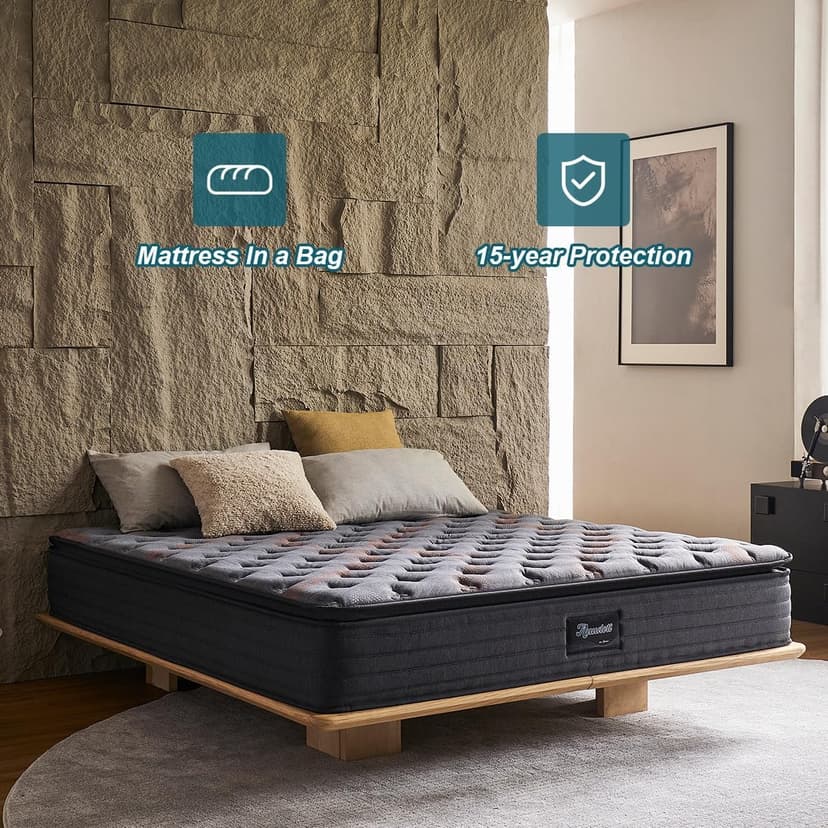 Queen Mattress 12 Inch Pillow Top Hybrid, Medium Firm Pocket Springs, Pressure Relief, Mattress in a Bag for Bedroom, Guest Room