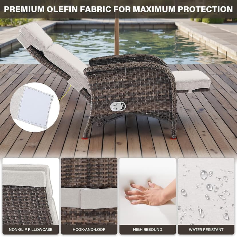 Versatile Outdoor Recliner Chair - Reclining Patio Chair with Adjustable Backrest and Footrest, All-Weather Wicker Chaise Lounge Chair Outdoor for Pool Deck Brown