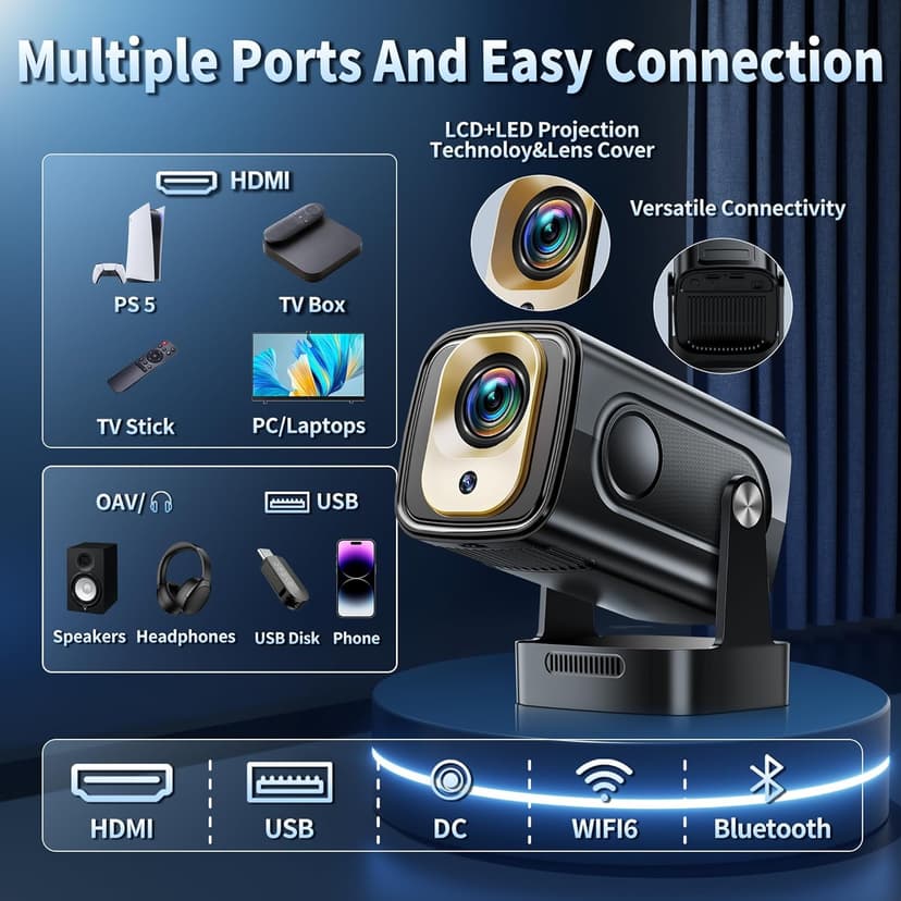 Mini Projector 1080P with WiFi 6 and Bluetooth 5.4, 4K Full HD Projector Features Auto Focus & Keystone, Portable Projector Built-in App Support 270° Rotatable, Compatible with Phone/HDMI/USB - Black
