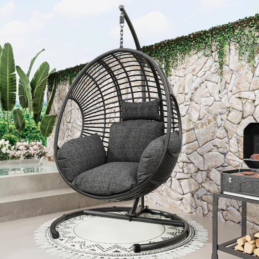 Oversized Hanging Egg Chair Outdoor Wicker Swing Chair with Stand Rain Cover UV Resistant Cushion 400lbs Capacity for Patio, Garden and Balcony