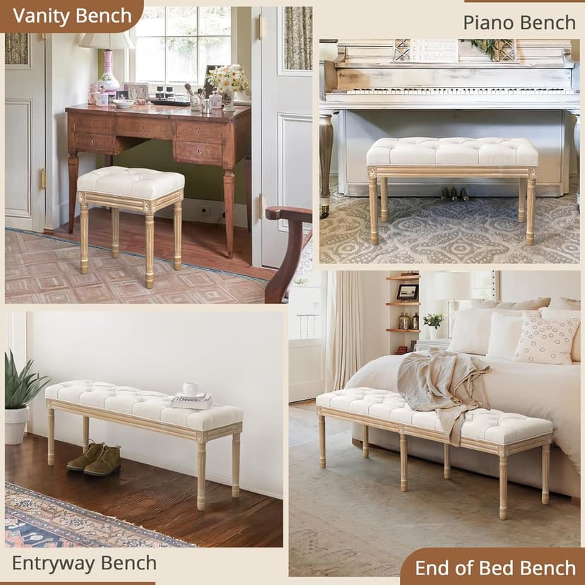 LUE BONA 60" Bedroom Bench, Vintage French Tufted End of Bed Bench, Upholstered Fabric Ottoman Bench with Carved Wood Legs for Bedroom,Dining Bench Piano Stool for Living Room,Foyer, Beige