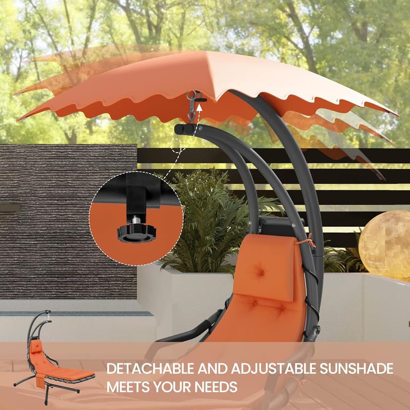 Yaheetech Outdoor Hanging Chaise Lounge Chair Hammock Chair w/Built-in Pillow and Removable Canopy for Patio Backyard Deck Garden - Orange
