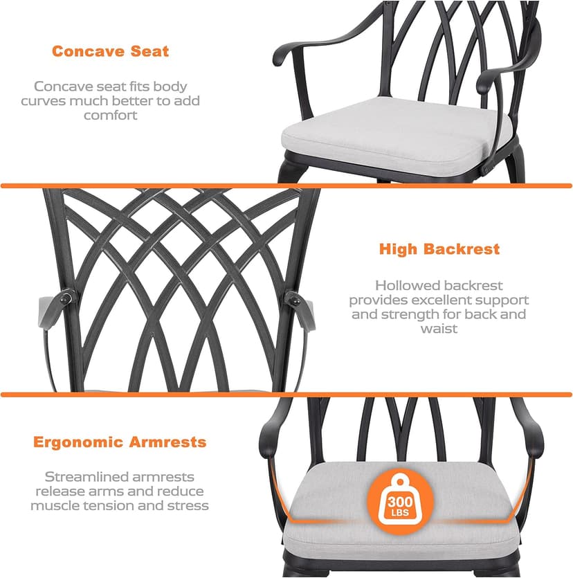 NUU GARDEN Bistro Set 3 Piece Outdoor Cast Aluminum Patio Bistro Set Patio Table and Chairs Set of 2 with Umbrella Hole and Gray Cushions, Black