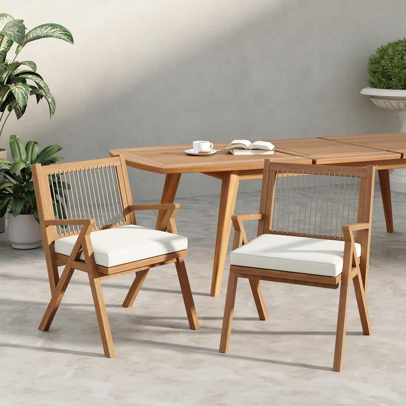 Christopher Knight Home Becker Outdoor Dining Chairs Set of 2 with Cushion, Acacia Wood Dining Room Armchair Set, Garden Chair Set with Handwoven Accent, Patio Dinners Comfy Extra Seat, Cream + Teak
