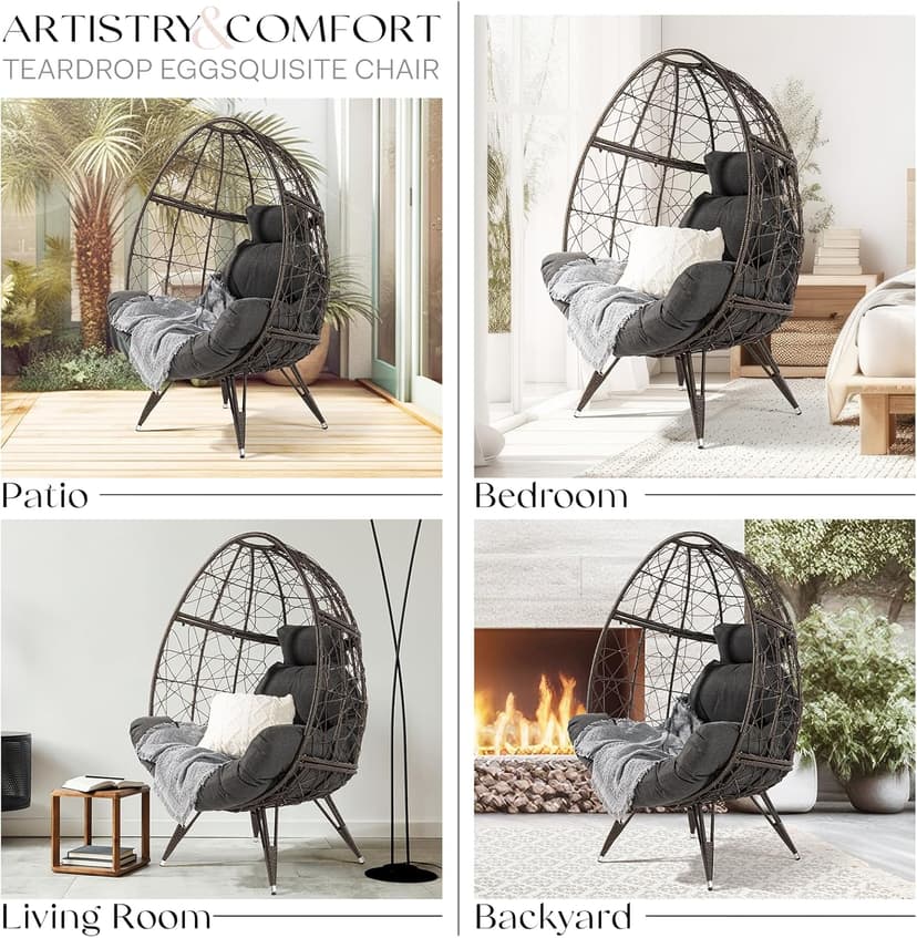 Bme Heavy Duty 400 lbs Capacity Wicker Egg Chairs for Outside & Indoor, Premium Soft Thick Olefin Fabric Cushion & UV 2000 Hours Material Teardrop Design, Durable Against Water, Weather