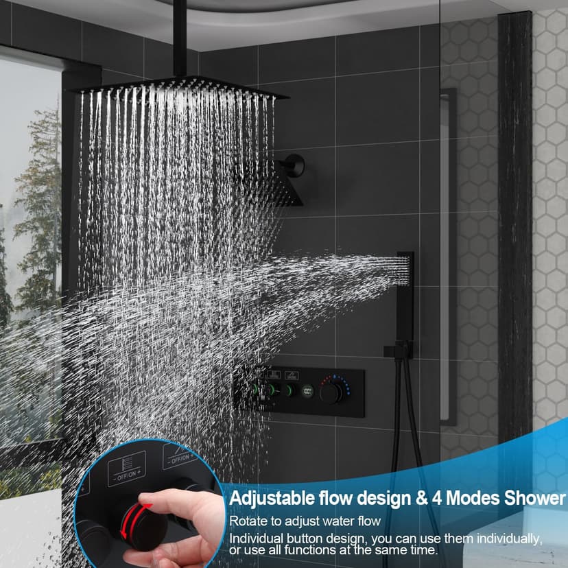 Enga Temperature Display Shower System with Dual Shower Heads, 16" + 6" Dual Rain Shower System, Push-button Valve Thermostatic Shower Faucet Set, Can All Run Together & Flow Adjustable, Matte Black
