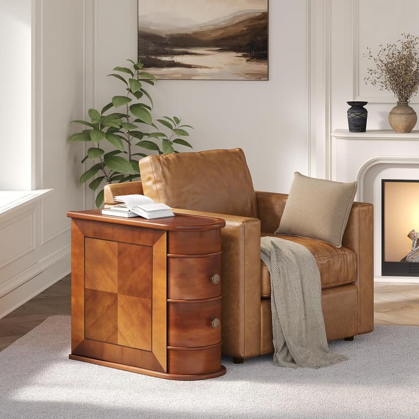 LITTLE TREE Wood End Table with 2 Drawers Sofa Side Table, No Assembly Required Vintage Slim Nightstand Bedside Table for Bedroom