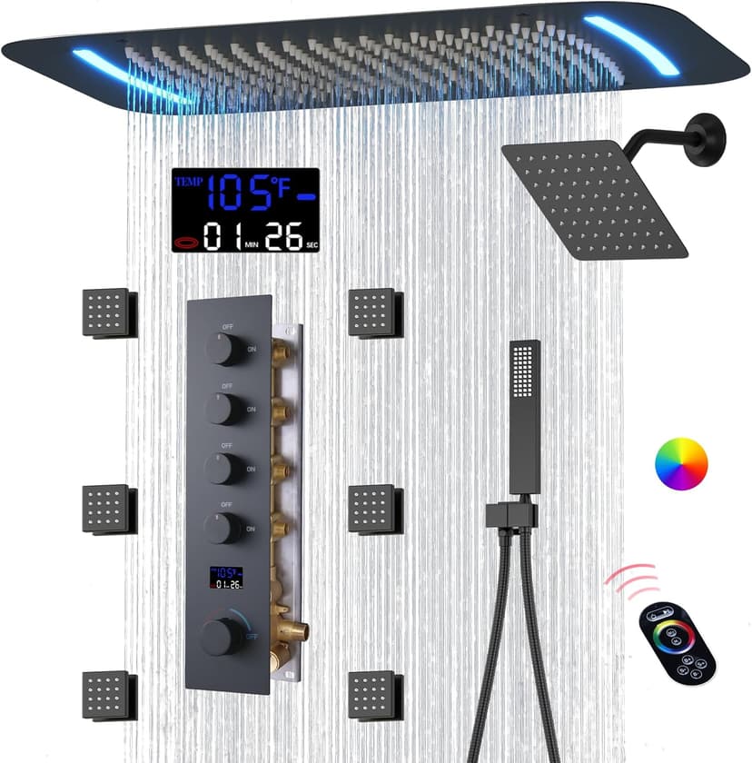 Matte Black Dual Shower Heads Shower System with 26"X16" LED Rainfall Shower Head and 8" Side Showerhead,Digital Display Shower Faucet Set with 6 PCS Body Jets and Handheld Spray