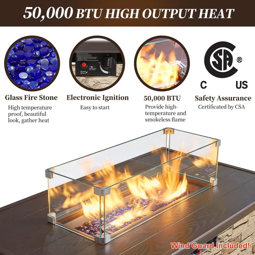 43" Propane Fire Pit Table Outdoor Stone Firepit Table Rectangular 50000 BTU Propane Fire Tables for Outside Patio with Wind Guard, Table Lid, Fire Beads, Cover,Pizzello Caldo (Buff)