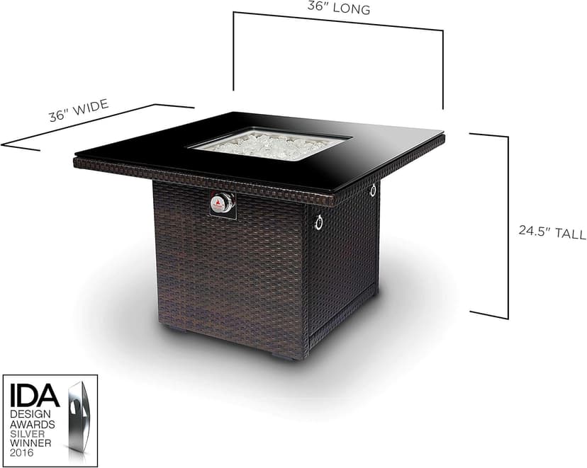Outland Living 410 Series Fire Table – 36-Inch Outdoor Propane Gas Fire Pit Table with Tempered Glass Top & Arctic Ice Decorative Glass Rocks, Espresso Brown