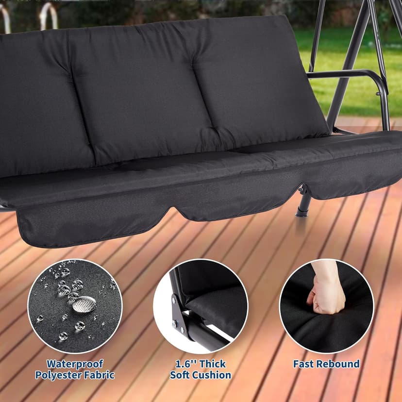 Outdoor Porch Swing Chair with Adjustable Canopy for Adults 3 Seat Glider Bench with Thickened Cushions Outside Patio Swing for Backyard Lawn Garden Black