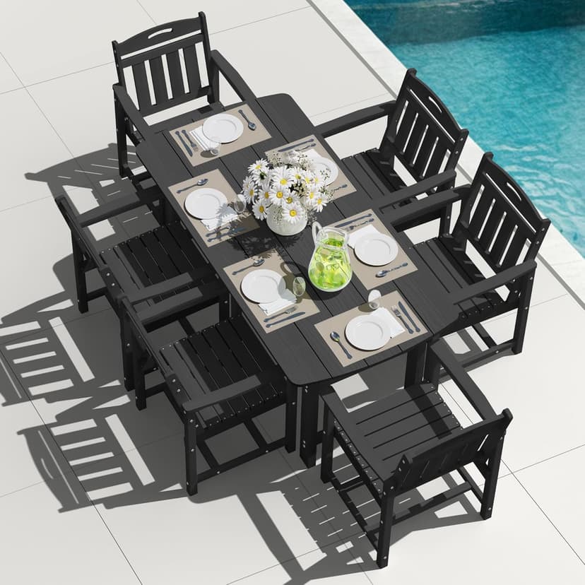 HDPE Outdoor Dining Set, 7 Piece Patio Table and Chairs Set with 2" Umbrella Hole, All Weather Patio Furniture for 6 Person in Garden, Backyard, Deck | Matte Black
