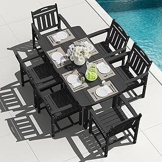 HDPE Outdoor Dining Set, 7 Piece Patio Table and Chairs Set with 2" Umbrella Hole, All Weather Patio Furniture for 6 Person in Garden, Backyard, Deck | Matte Black
