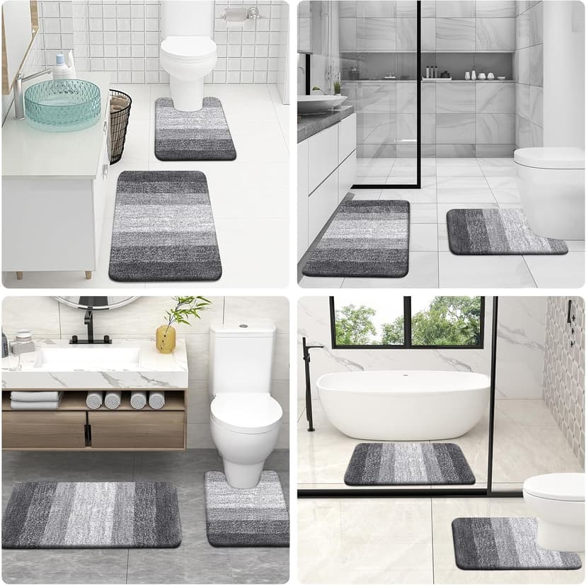 OLANLY Bathroom Rugs Sets 3 Piece, Soft Absorbent Microfiber Bath Mats and U-Shaped Contour Toilet Rug, Plush Shaggy Bath Mat Set for Bathroom (30"x20"+24"x16"+24"x20", Grey)