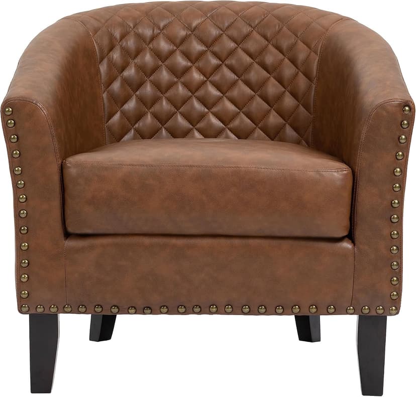 UIXE Faux Leather Accent Chairs Set of 2, Barrel Club Chair Modern Upholstered Armchair for Living Room, Comfy Nailed Trim Arm Chair Bedroom Reading Seat, Brown