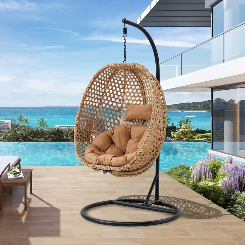 Hanging Egg Chair with Stand & Cushions, Outdoor and Indoor Hammock Rattan Swing Chair 350 lbs Capacity with Aluminum Steel Frame for Patio, Balcony, Backyard and Living Spaces (Light Brown)