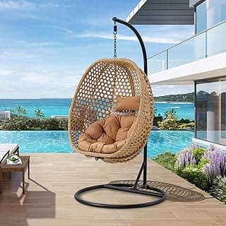 Hanging Egg Chair with Stand & Cushions, Outdoor and Indoor Hammock Rattan Swing Chair 350 lbs Capacity with Aluminum Steel Frame for Patio, Balcony, Backyard and Living Spaces (Light Brown)