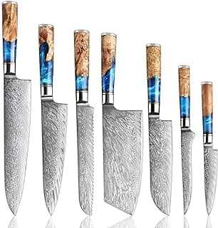SENKEN 7-Piece Damascus Kitchen Knife Set - Tsunami Collection - 67-Layer Japanese VG10 Steel - Chef's Knife, Cleaver, Santoku, Bread, Boning, & More