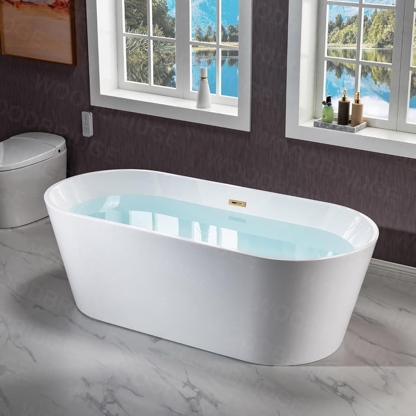 WOODBRIDGE 71" Acrylic Freestanding Bathtub Contemporary Soaking White Tub with Brushed Gold Overflow and Drain,B1701-BG