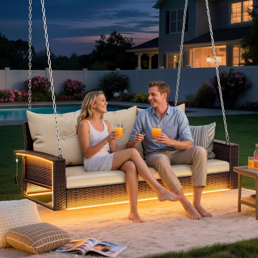 YITAHOME 3 Seats Patio Porch Swing, Outdoor Wicker Hanging Bench Rattan Chair Seat with LED Lights & Soft Cushions for Outside, Garden, Backyard, Lawn, Light Brown & Beige