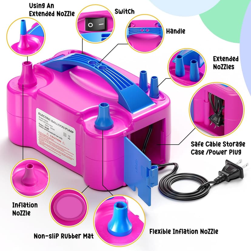 Portable Electric Balloon Pump - 110V 600W Dual Nozzle Balloon Inflator Pump with 113 Accessories（Including Balloon, Balloon Arch Kit, Balloon Blower Air Pump Machine Decorations for Party
