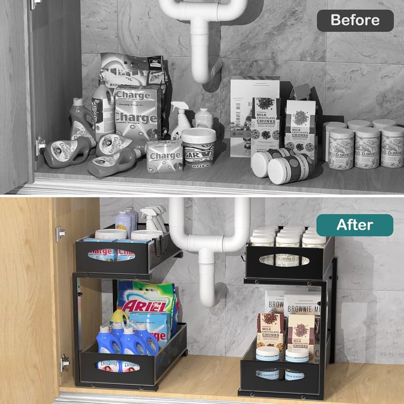 2 Pack Under Sink Organizer, 2 Tier Metal Pull Out Under Sink Storage with Sliding Mesh Drawers, Height Adjustable Slide Out Under Sink Organizer for Kitchen Bathroom Cabinet, Black