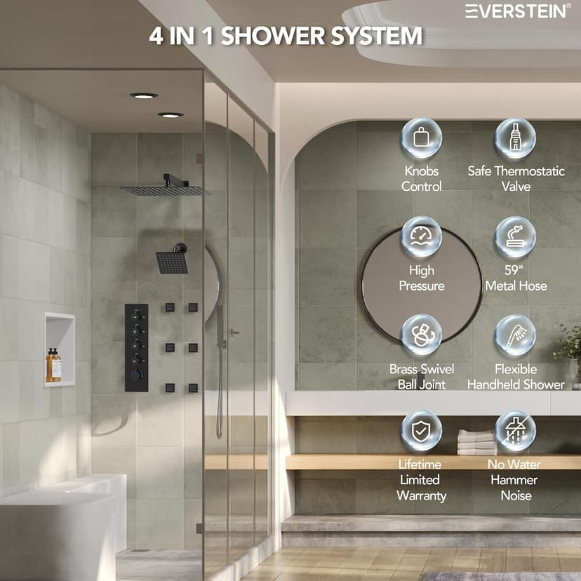 Thermostatic Shower system with 6 Body Jets, 16, 6 in. Bathroom Shower Set Wall Mount Dual Shower Head Faucet in Matte Black