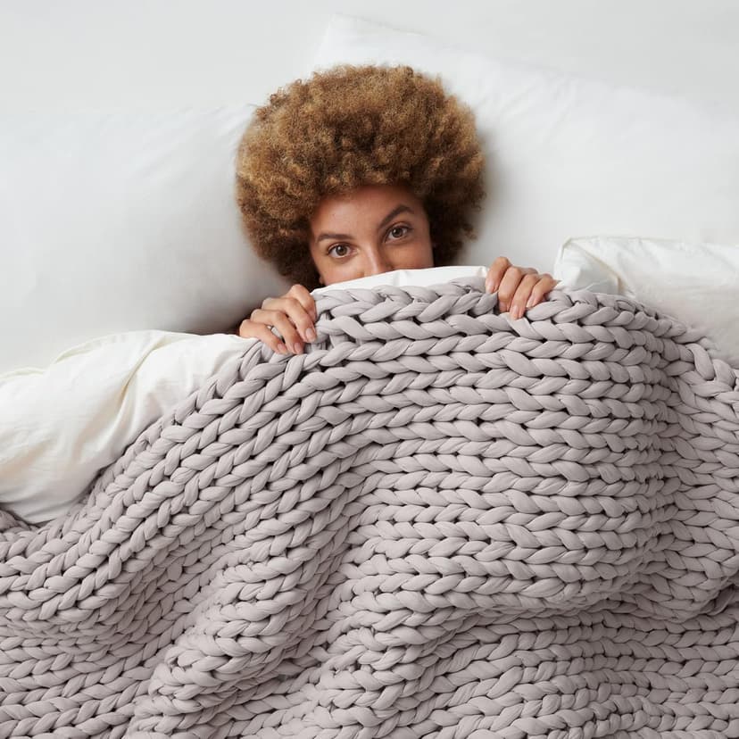 Bearaby Cotton Hand-Knit Weighted Blankets for Adults - Chunky Knit Blanket - Sustainable, Breathable, Organic, Cooling Weighted Blanket - Machine Washable (Moonstone Grey, 10 lbs, 40"x64")